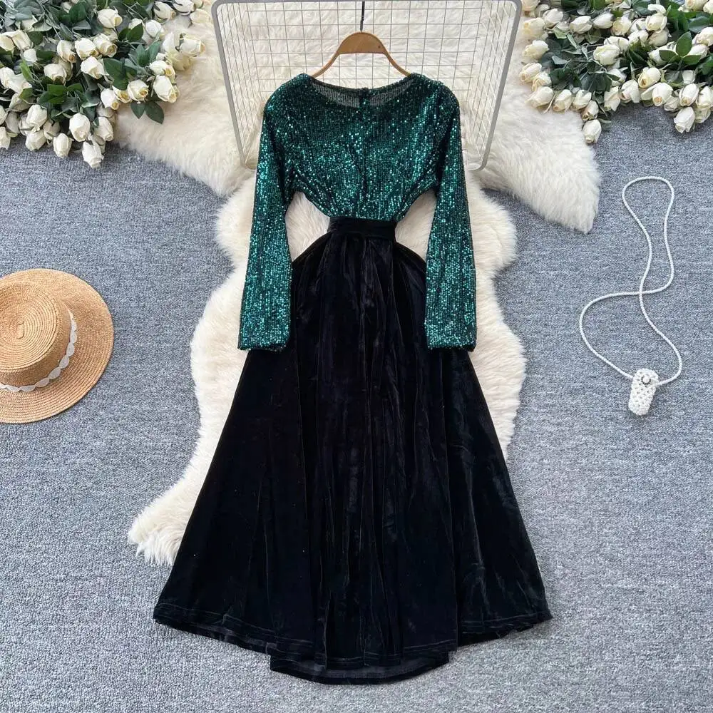 أنيقة خمر الترتر القطيفة طويلة الأكمام أنيقة الجنية الكورية أزياء الخريف فستان الشمس النساء الملابس