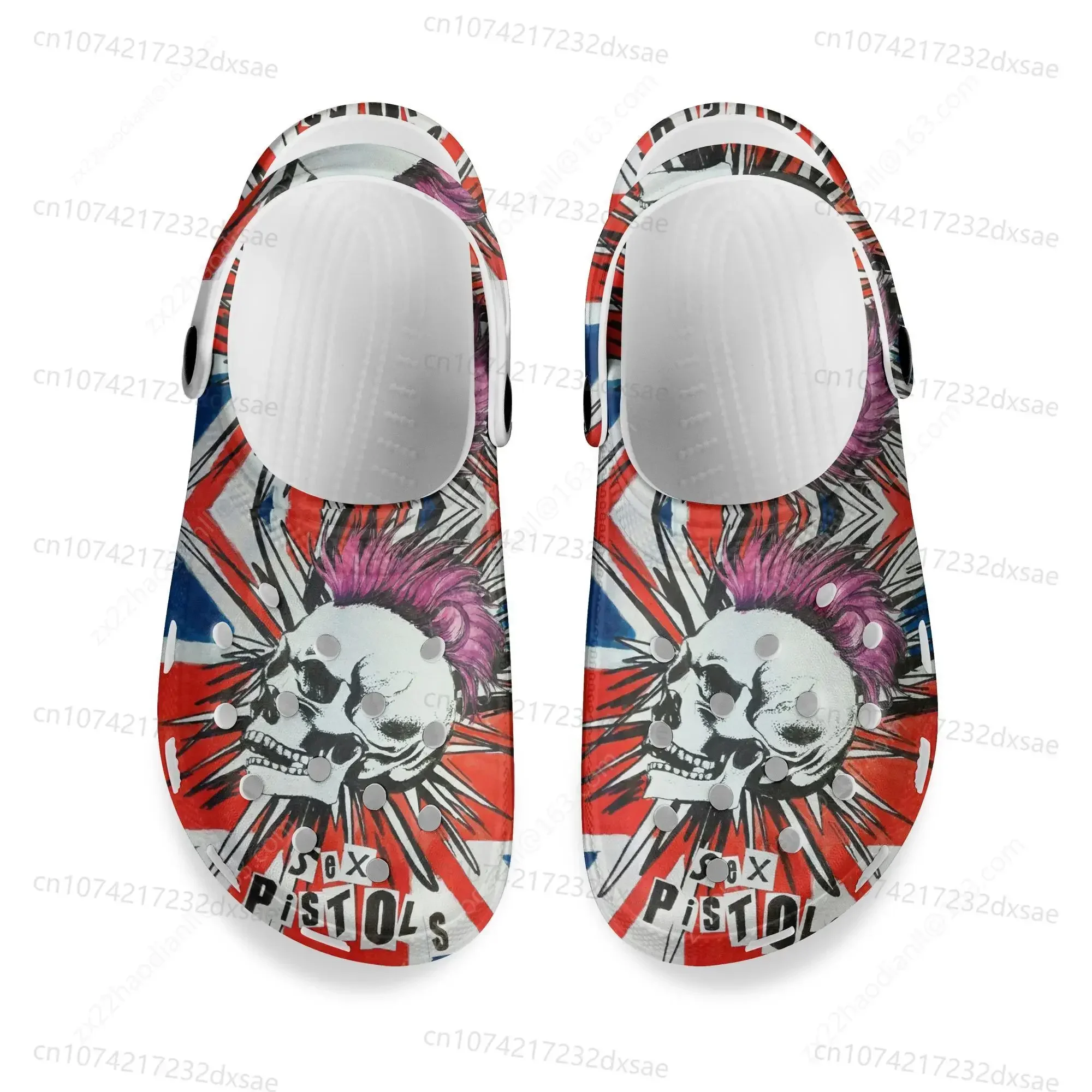 Homens e mulheres Sex Pistols Punk Rock Banda Tamancos, sapatos de água personalizados, sapato adolescente, tampão de jardim, chinelos de praia respirável