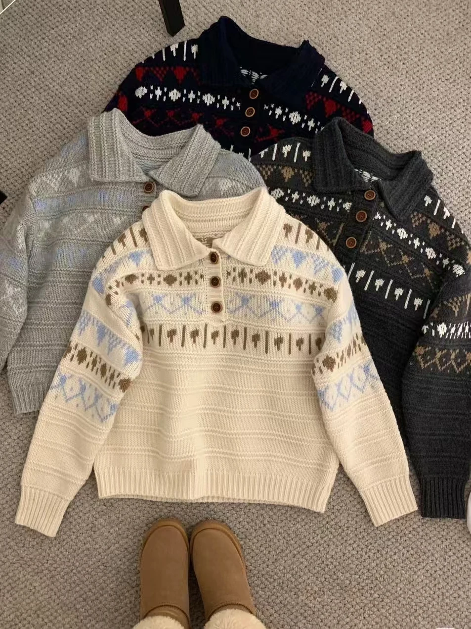 

Свободный корейский вязаный свитер Fair Isle, женская осенне-зимняя верхняя одежда, повседневный винтажный вязаный топ Lazy Sle для женщин