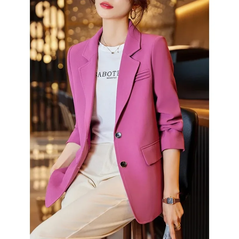 Blazer feminino de manga comprida com peito único, casaco feminino, rosa, café, preto, moda feminina, outono, inverno