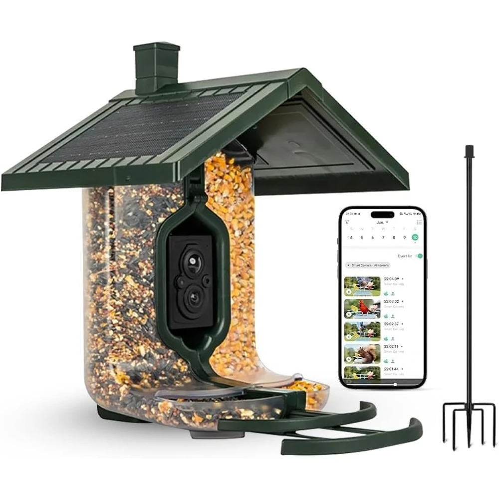 

Smart Bird Feeder with Camera AI Identify Species Solar Panel 2K Live View Instant Alerts Dual Feeder Includes Pole