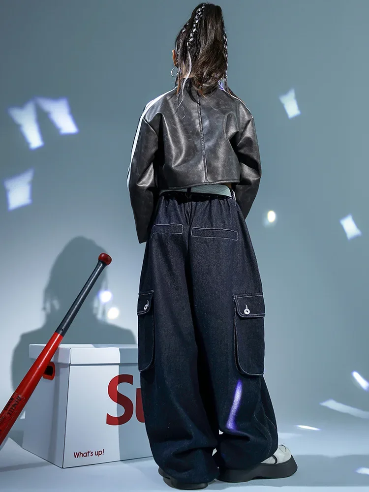 Kinder Kpop Hip Hop Kleidung Lederjacke Top Streetwear Denim Hosen für Mädchen Jazz Dance Kostüm Kleidung