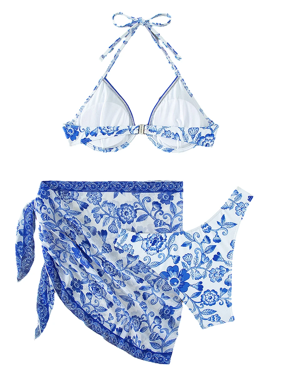 Women Bikini Set Flower Blue And White Porcelain Print Bra Briefs With Tie-up Skirt Bathing Suit 3-piece Swimsuit