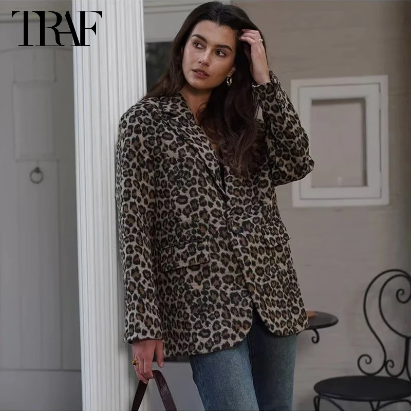 TRAF Leopard Print Long Blazer Woman Faux Wool Office Women\'s Blazers Autumn Fashion Blazer Women Long Sleeve Blazers for Women