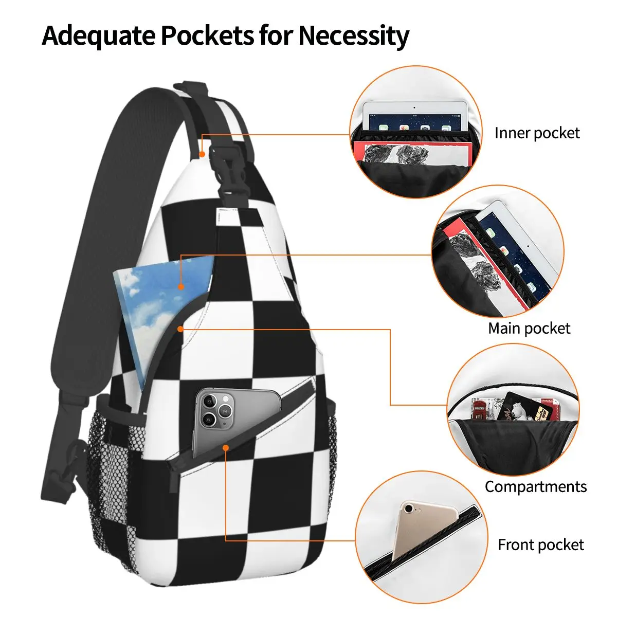 Checkered Squares Small Sling Bags Chest Crossbody Shoulder Backpack Outdoor Hiking Daypacks Chess Geometric Fashion Satchel