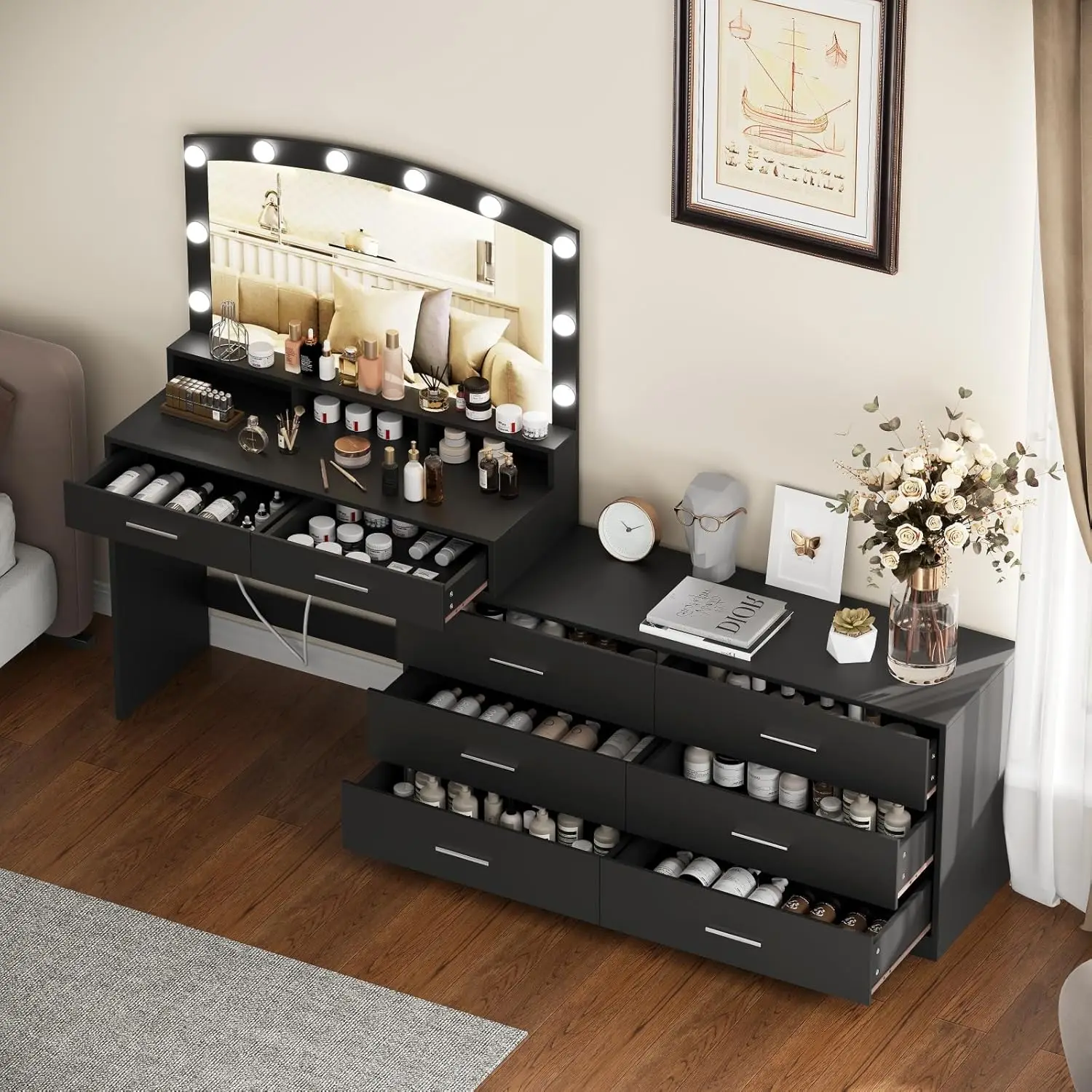 Vanity Desk with Large Mirror and 3-Color Lights, Makeup Vanity with 8 Drawers & Open Shelf, Side Cabinet with Width Adjustable,