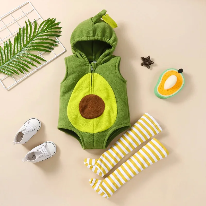Halloween Baby Avocado Theme Hooded Short Romper 2Pcs Set With Matching Stockings Soft Bodysuit Holiday Daily Photo Outfit 24M