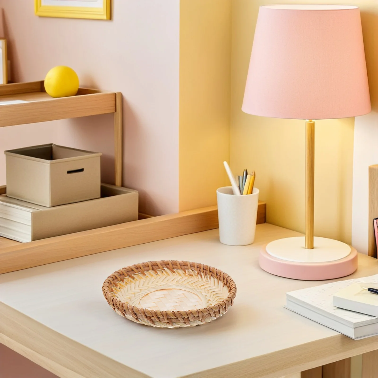 Cesta redonda de bambu para lanche, 2 peças, 5,89x0,98 polegadas, recipiente de armazenamento de alimentos, organizador de balcão de cozinha para pão, nozes e frutas