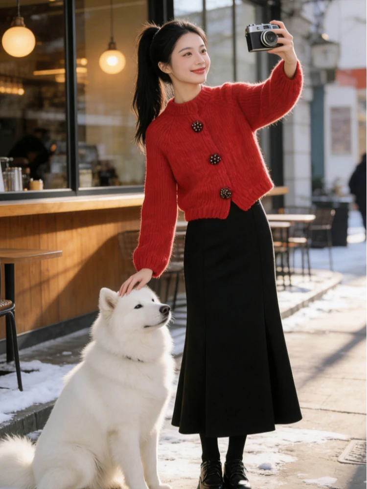 

Корейский красный открытый кардиган, свитер, женский зимний новый атмосферный универсальный утягивающий вязаный свитер, повседневная свободная посадка