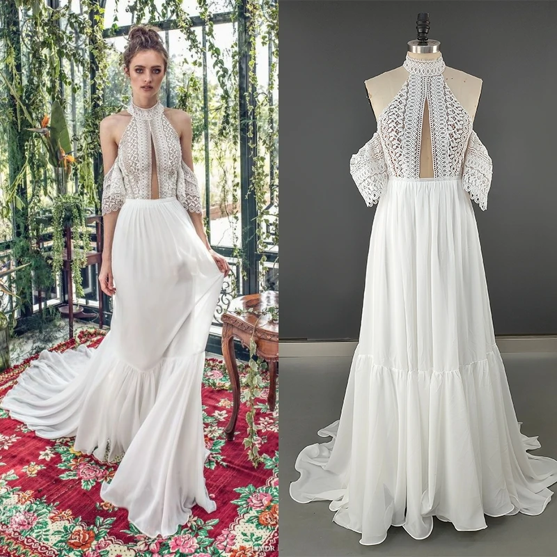 4044# Real Photos Off Shoulder Beach Sweep Train Bohemia Wedding Dress Halter Neck Customized Backless Soft Chiffon Bridal Gown