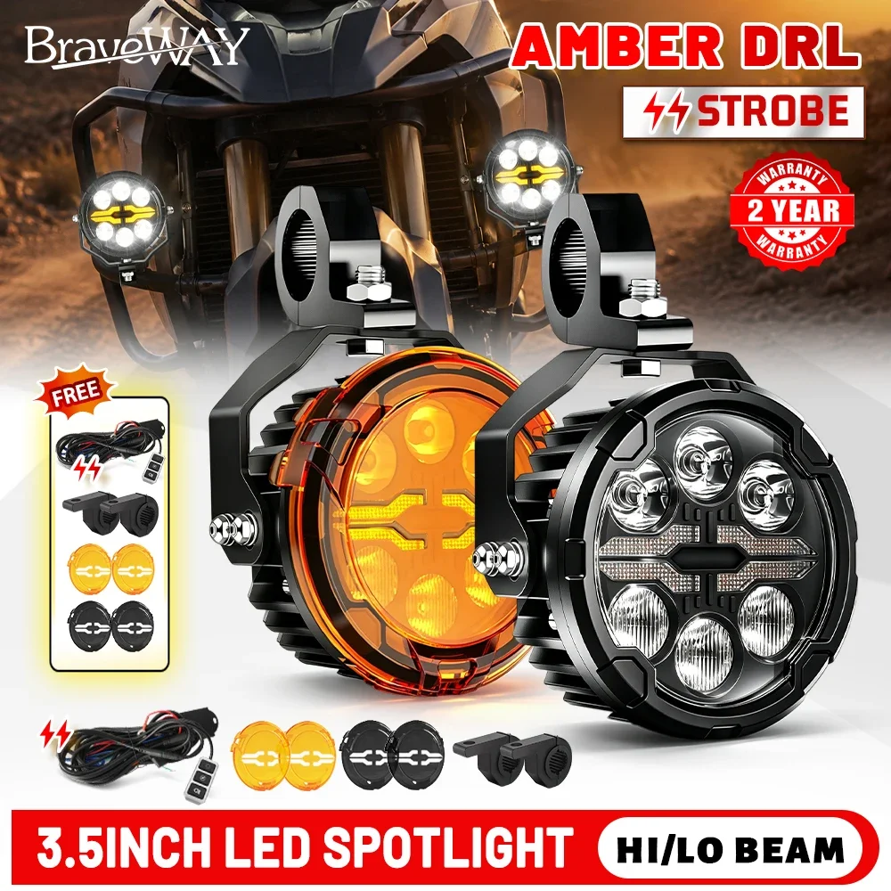 HAOLIDE 3.5 Inch Motorcycle LED Auxiliary Spotlight Hi/Lo Beam Amber X-Shaped DRL Driving Light Fog Lamp for ADVoff-road use
