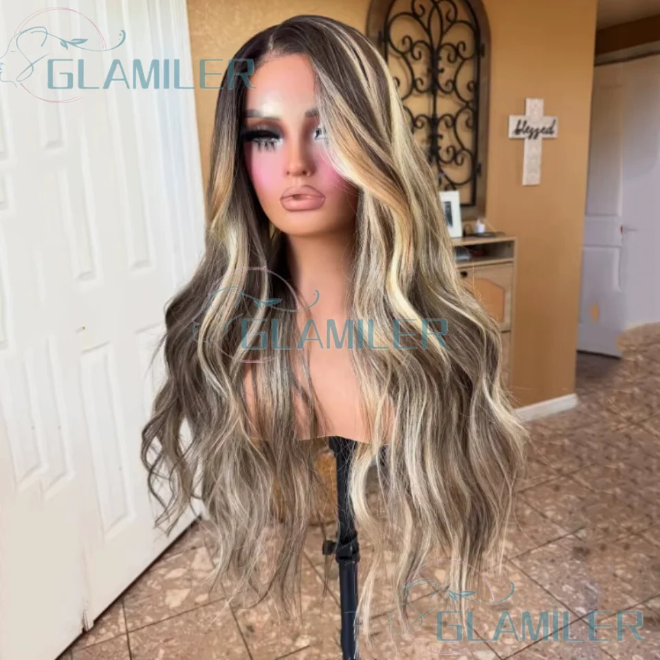 13x4 الدانتيل الجبهة الباروكات تسليط الضوء على أشقر بني فاتح # 613 شعر بشري مموج بدون صمغ باروكات دانتيل كاملة مع عقدة مبيضة