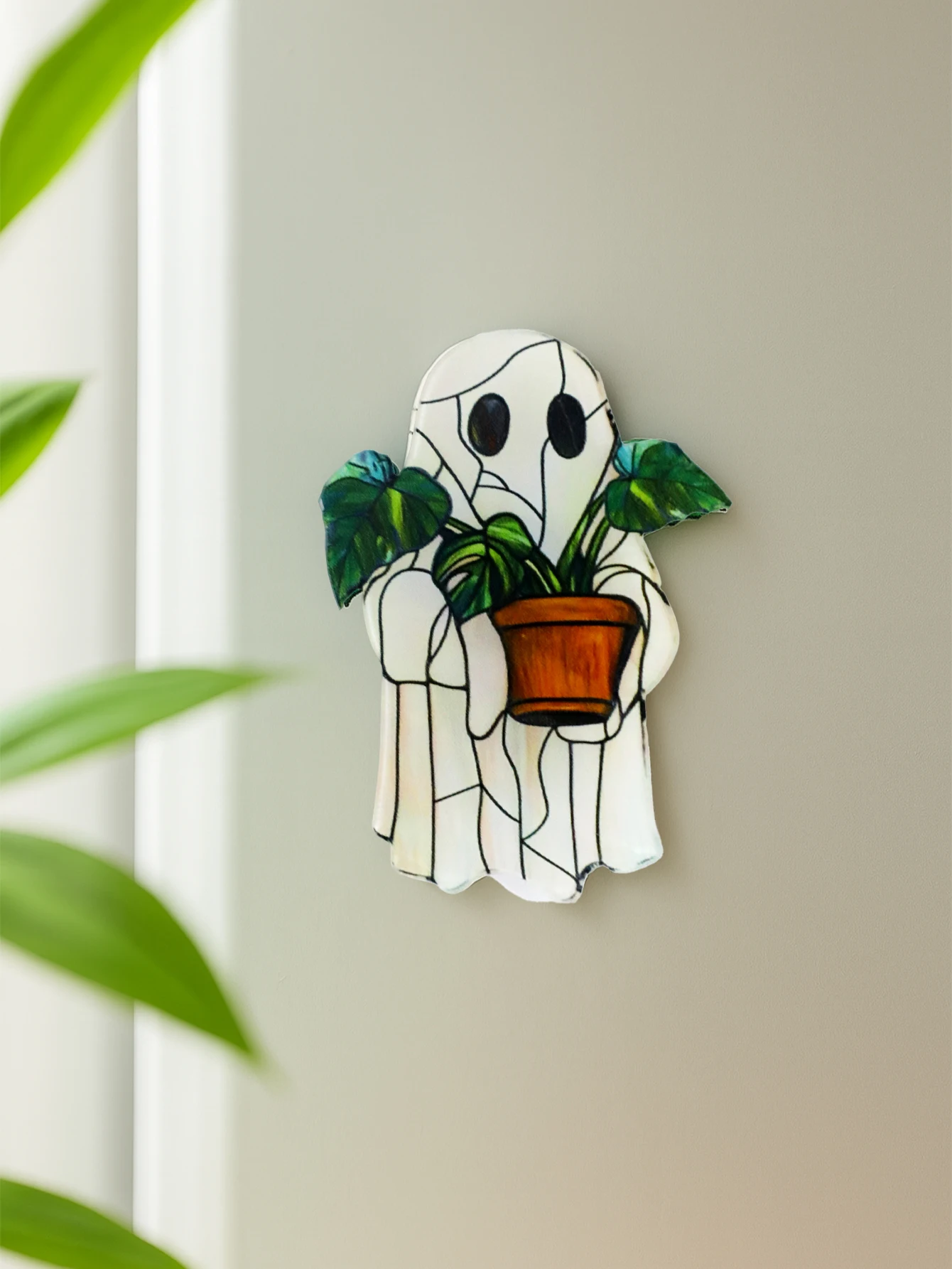 Halloween Ghost Acrylic Sticker, Cute Ghost Holding Potted Plant Design, Refrigerator & Wall Decor for Kitchen, Home Living Room view 2