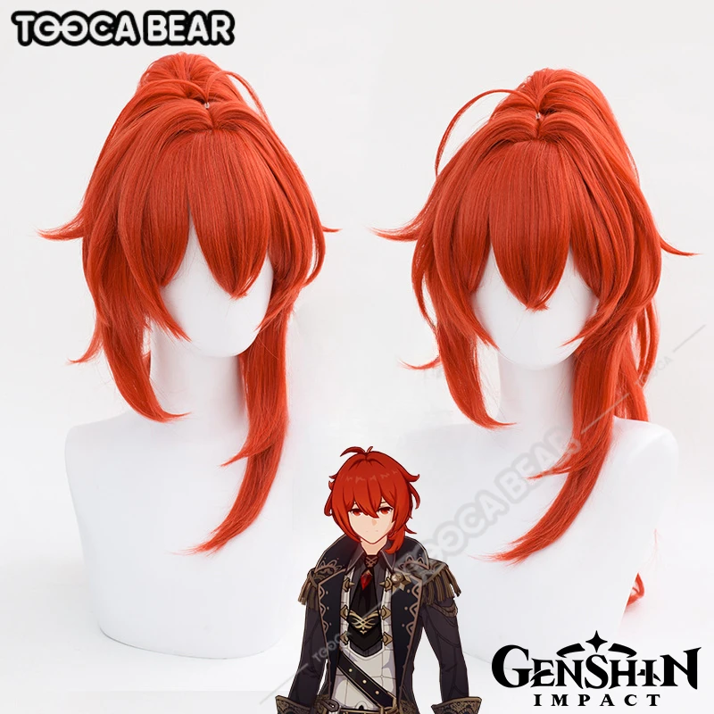 Diluc Ragnvindr Cosplay Wig Game Genshin Impact Red Ponytail Hair Heat-resistant Fiber Hair+Wig Cap Halloween Party