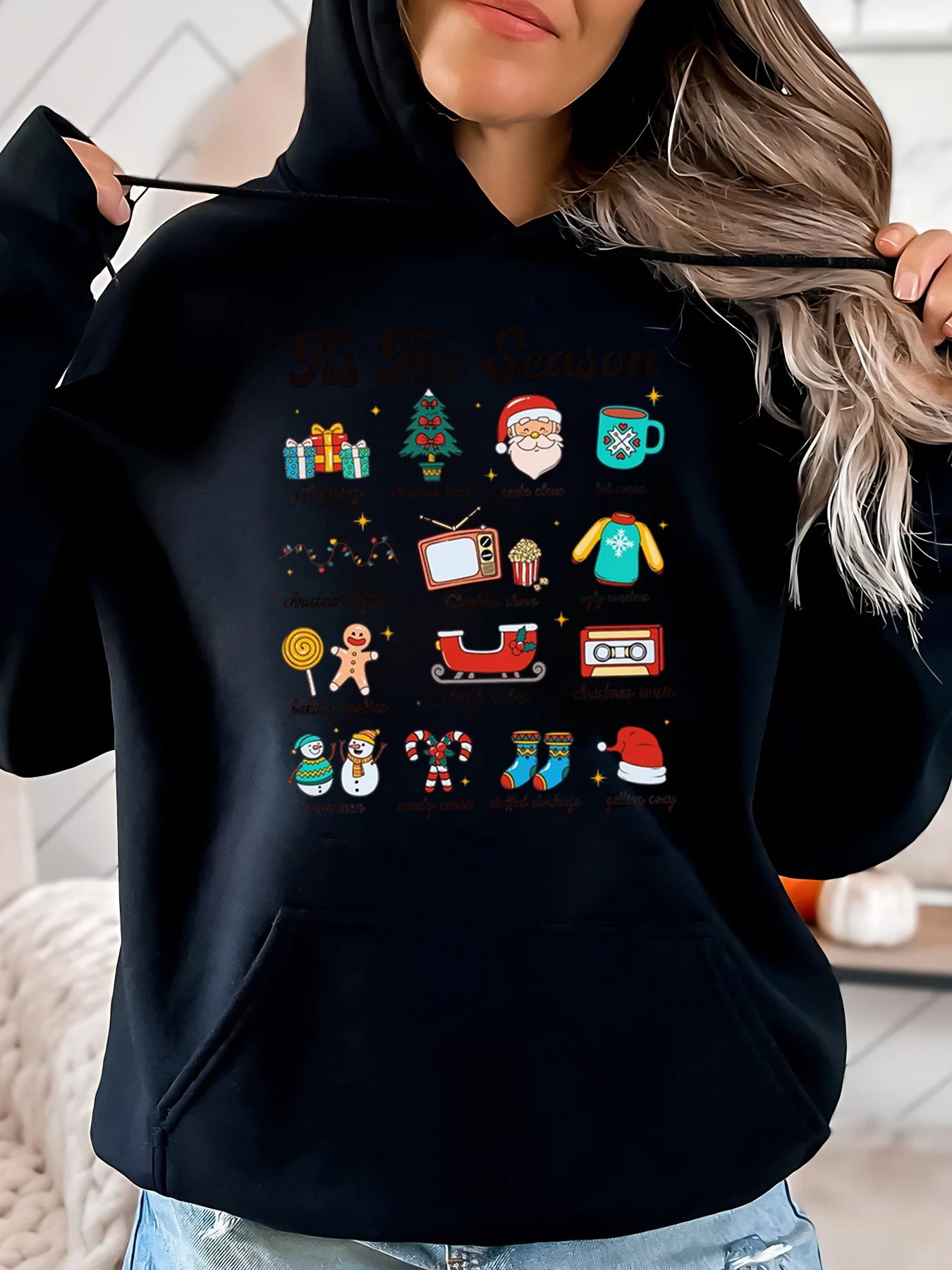 Sweat à capuche pour femmes, icônes de noël et texte, saison de vacances, tenue décontractée, tenue d'hiver, noir, grande taille