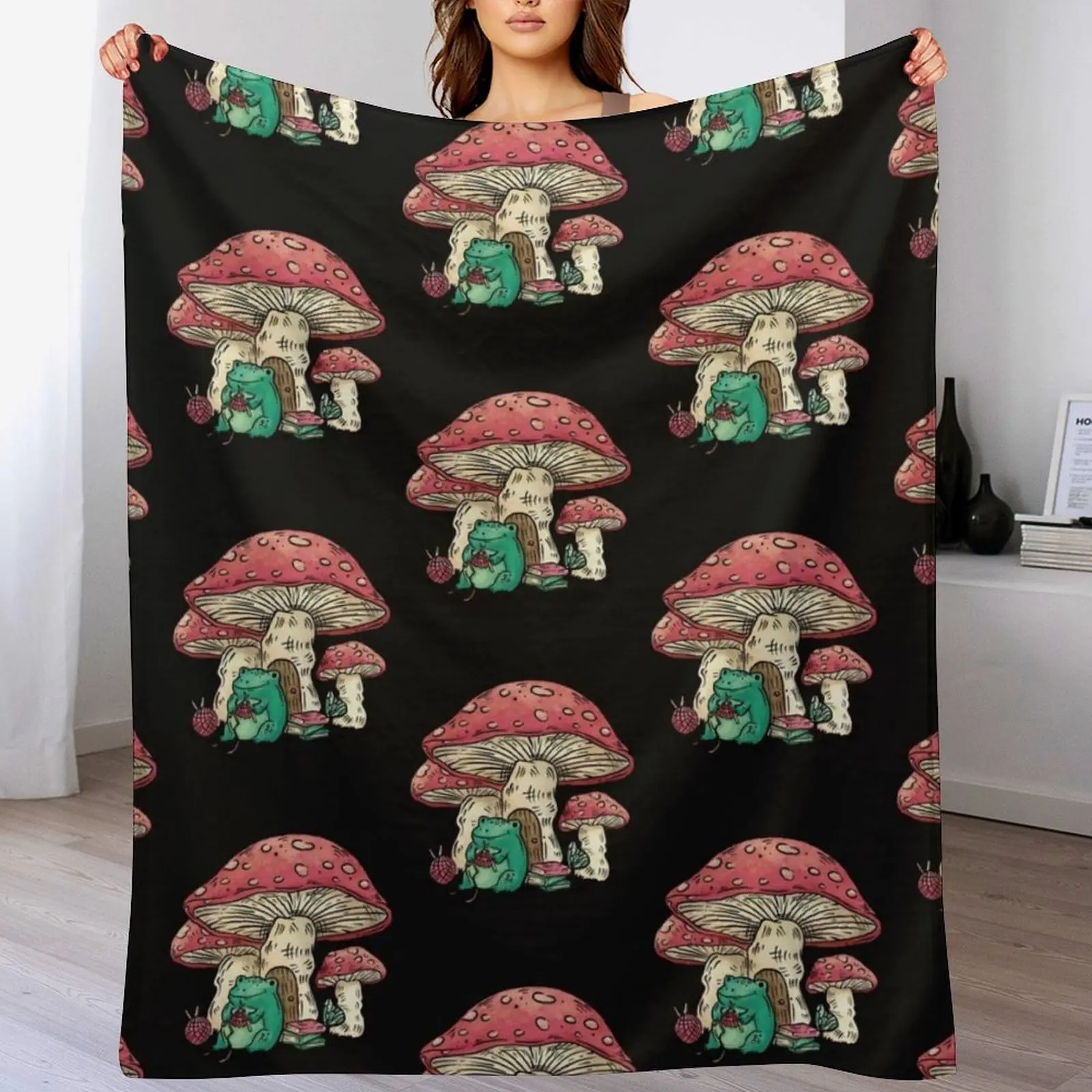 Frog sitting under a mushroom knitting, Cottage Core frog and mushroom, Cute frog and mushroom, Gift for people wh Throw Blanket