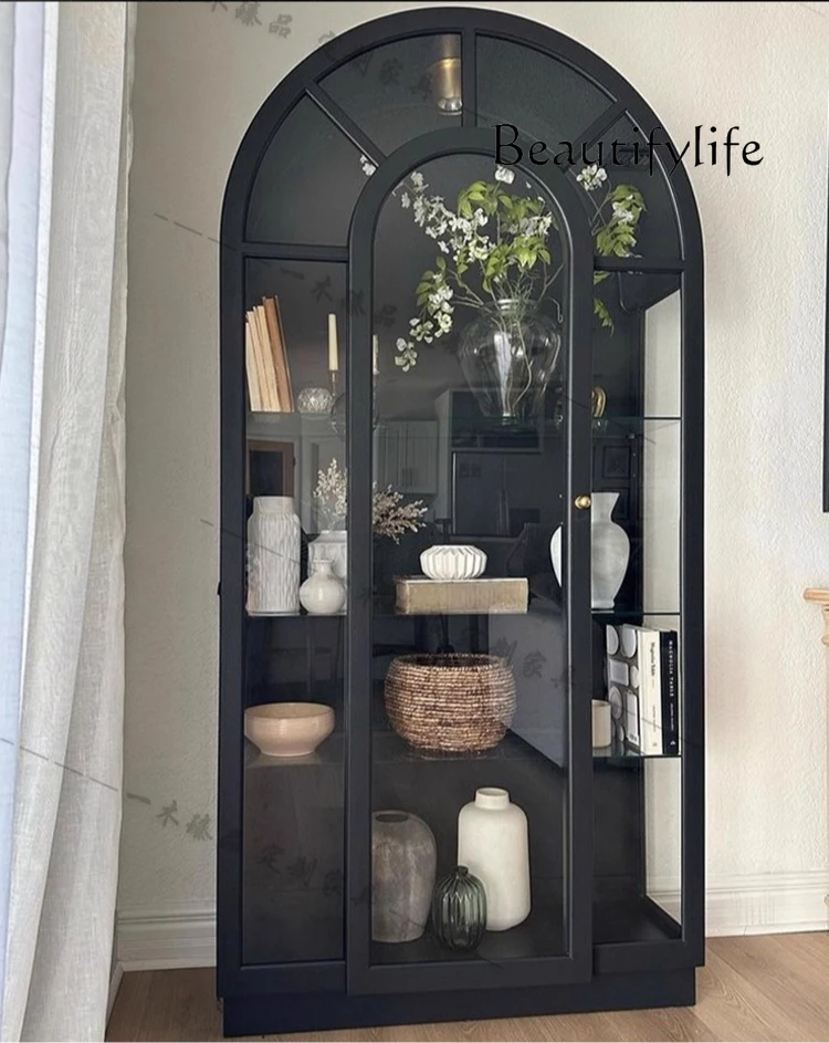 

French retro solid wood wine cabinet villa premium glass bookcase storage display cabinet American light luxury arch