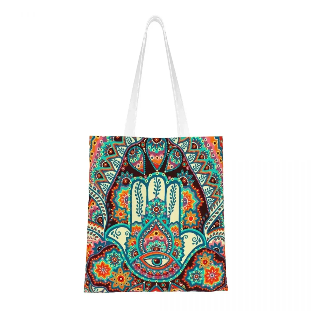 Women Men Hamsa Hand Mandala Flower Tote Bags Large Capacity Bohemian Boho Grocery Bag for Shopping Handbags