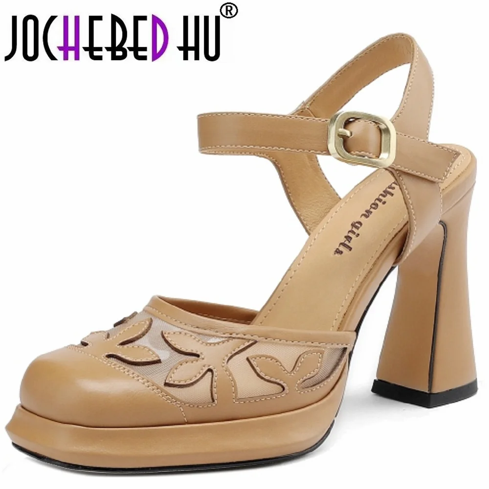 【JOCHEBED HU】new summer women sandals natural Leather shoes cowhide/Sheep suede+pigskin full leather Hollow flower high heels 40