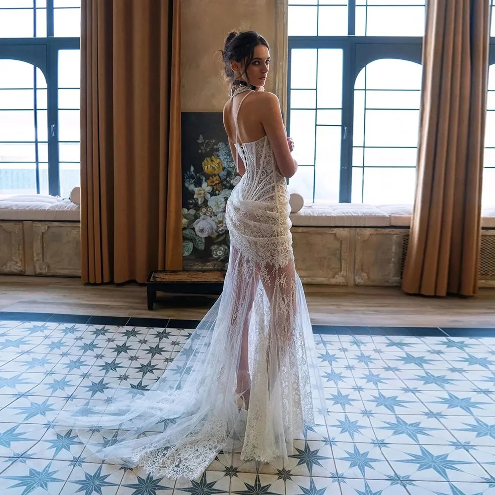 Robe de mariée Sexy pour femmes, sans bretelles, Corset personnalisé, Tulle transparent, dentelle, sirène, longueur au sol, robe de mariée de luxe, 2026