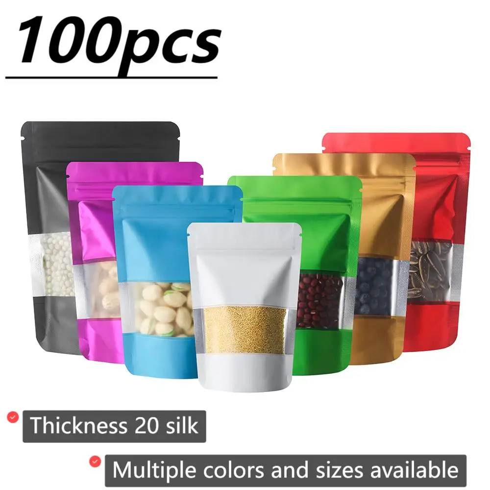 100 Matte Self Standing Viewable Window Food Thickened Aluminum Foil Storage Candy Snacks Moisture-proof Sealed Mylar Bags Color