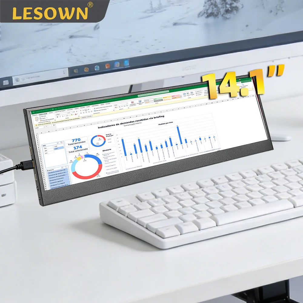 

LESOWN 14.1" USB C Bar Display Portable Monitor 3840x1100 Horizontal Stretch Screen External Secondary Monitor for Excel Work