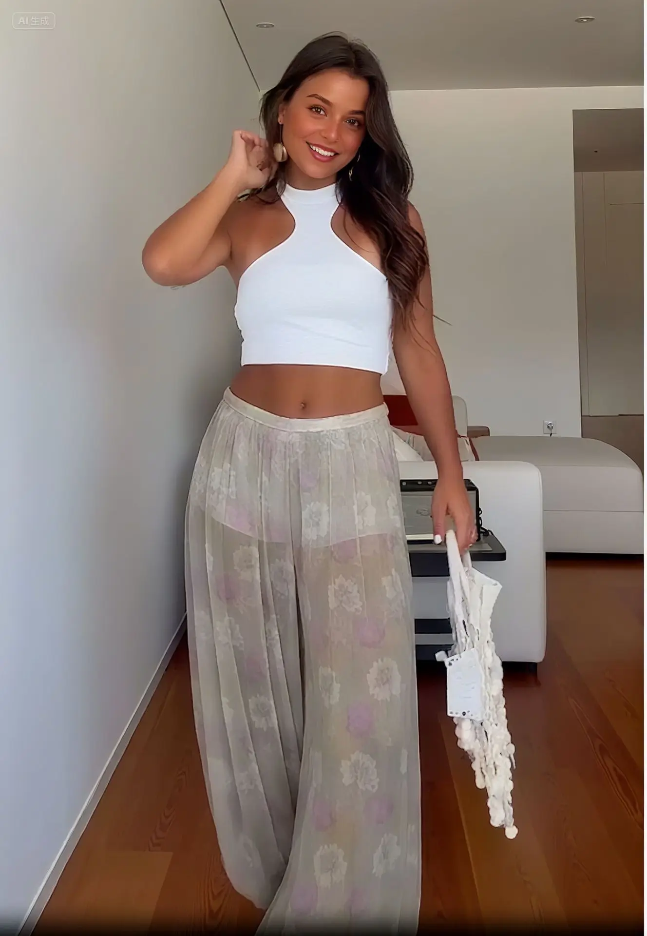 Women Floral Print See Though Wide Leg Trousers 2025 New Summer Casual Pleated Loose Bloomers Female Holiday Beach Long Pants