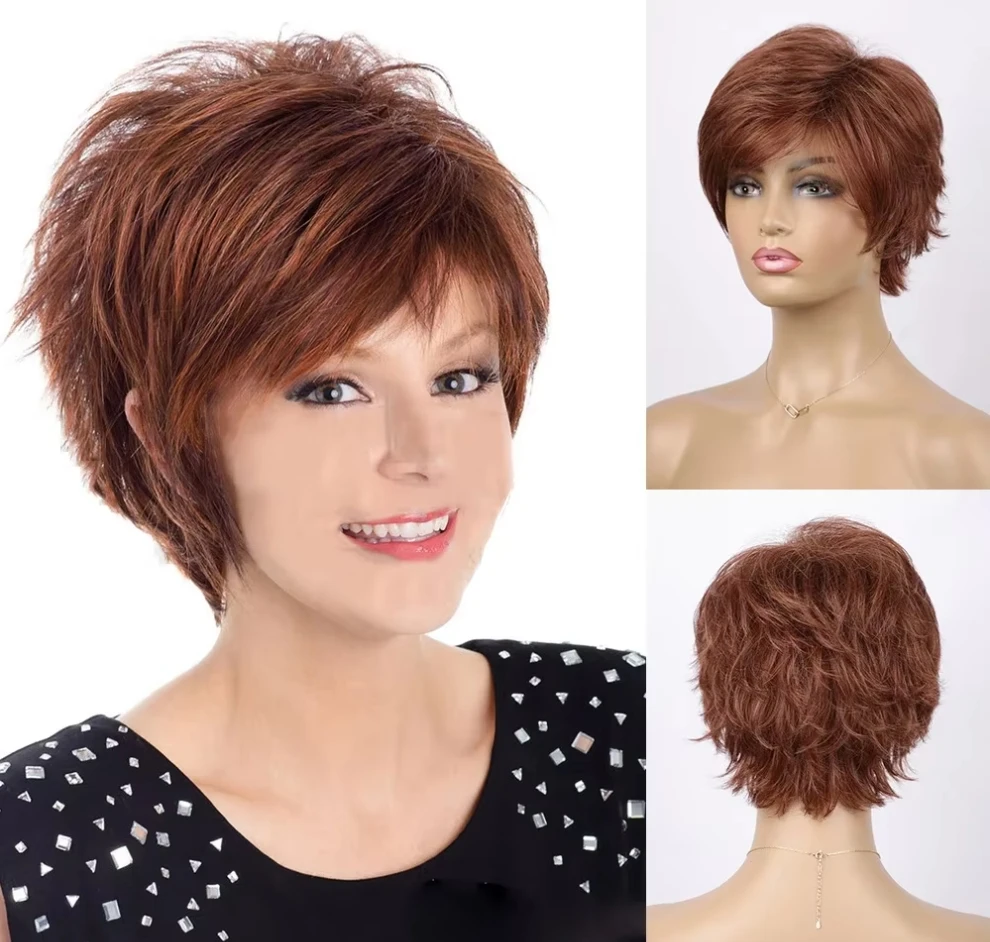 

Short Pixie Cut Synthetic Wig for Women Ombre Wine Red Wigs with Bangs Daily/Party Heat Resistant Hair