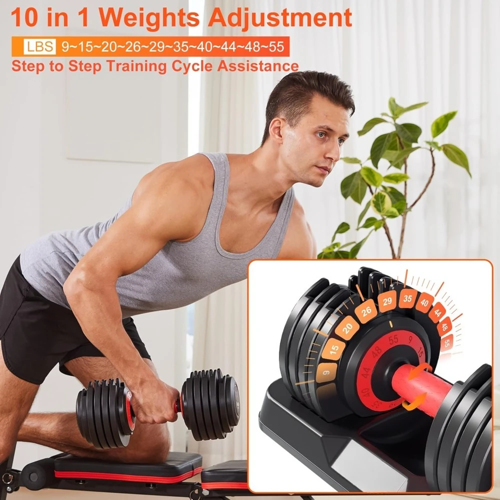 Adjustable Dumbbell Set, 10-in-1 25LB/55LB Ajustable Dumbbells with Safe Locking System, Enclosed Storage Tray, Customized image 2