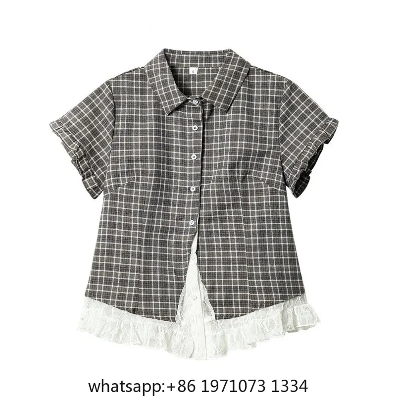 Lace Patchwork Plaid Shirt Women Summer Sweet Short Sleeve Vintage Blouse Slim Sweet Retro Japan Kawaii Female Cute Casual Tops view 5