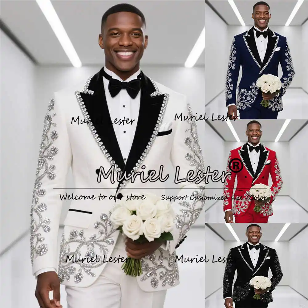 

Мужские модные костюмы с камнями из бисера для свадьбы, черные смокинги для выпускного с остроконечными лацканами, индивидуальный костюм из двух предметов для жениха, деловой костюм