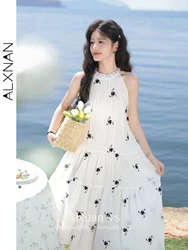 ALXNAN Halter Neck Print Tiered Dress Women 2024 Summer New O-Neck Sleeveless Midi A-line Lace-up Gentle Dresses Female L36508