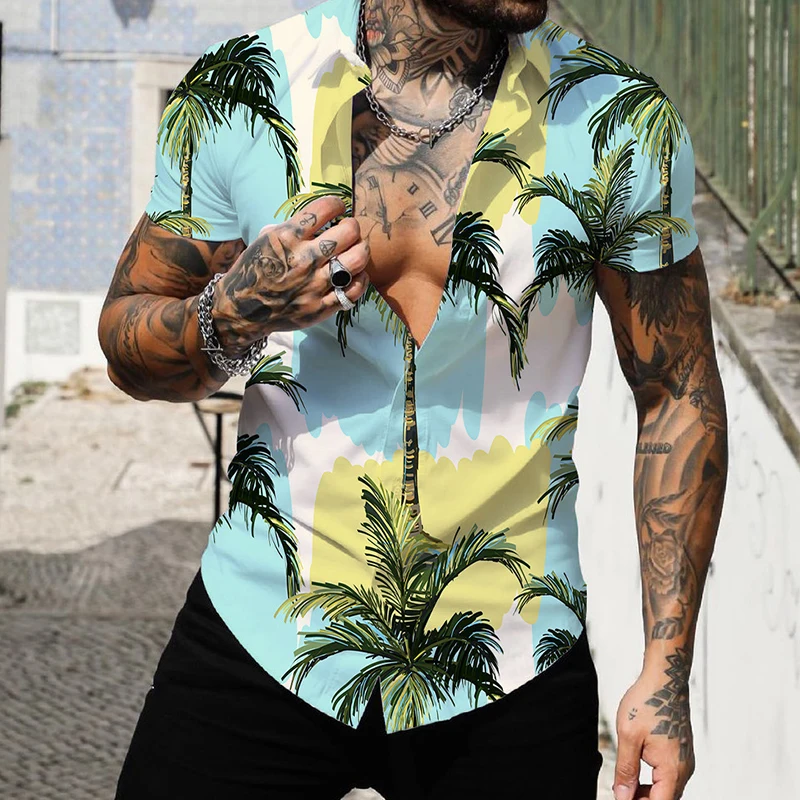 Camisa havaiana de manga curta masculina, camisa de coco, blusa de praia, estampada em 3D, tops de moda 5XL, 2023