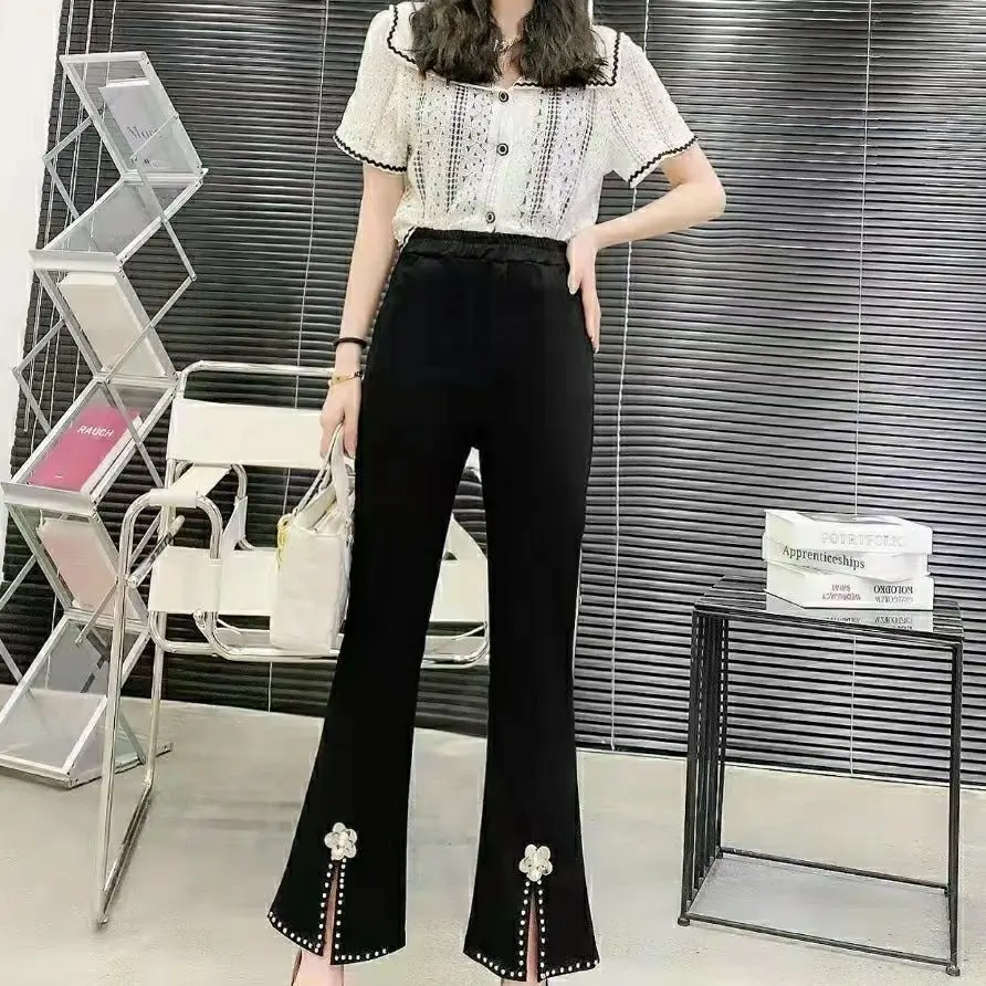 Coreano Chic perline impiombate Casual femminile Split Flare pantaloni estate Slim moda elastico a vita alta pantaloni corti abbigliamento donna