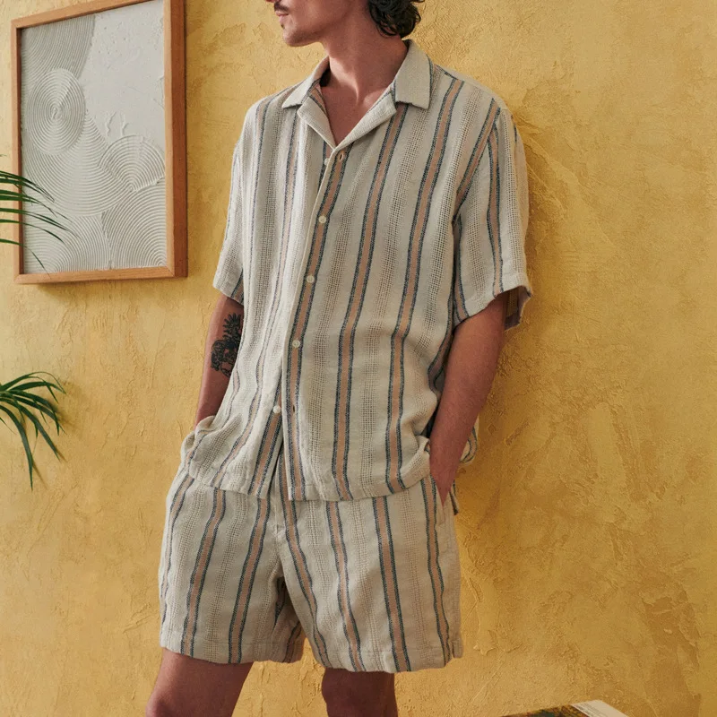 

2024 Summer Flip Collar Striped Button Shirt Shorts Two Piece Men's Set