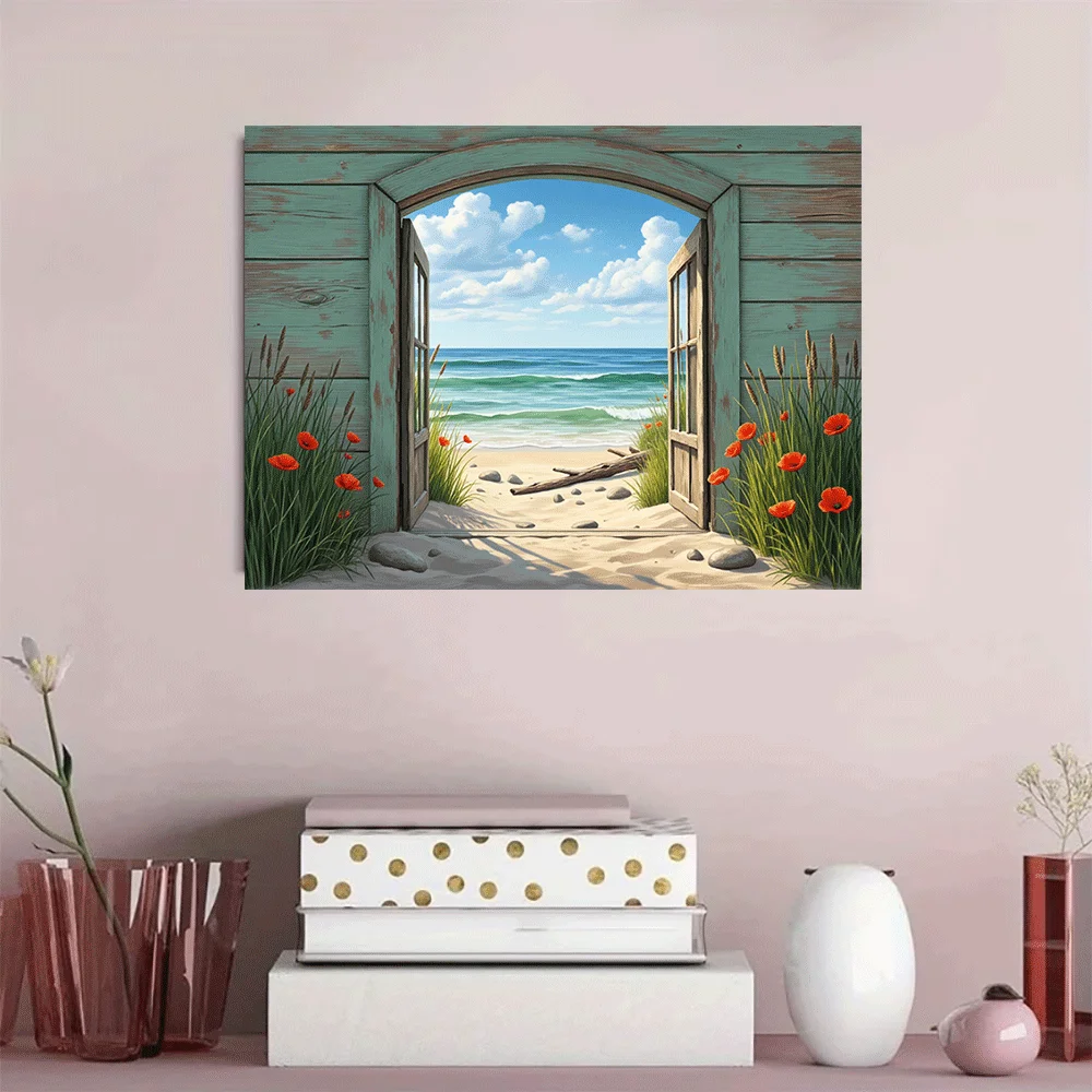 1PC-Canvas poster Unframed  Ocean View Through Wooden Window Beach Scene Canvas Art Print  summer