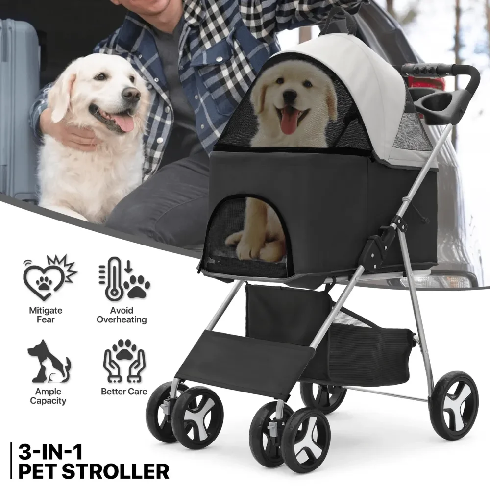 

3In1 Foldable Dog Stroller Detachable Carrier, Car Seat And Stroller With Push Button Entry For Cats Rabbit Bunny Pet Stroller