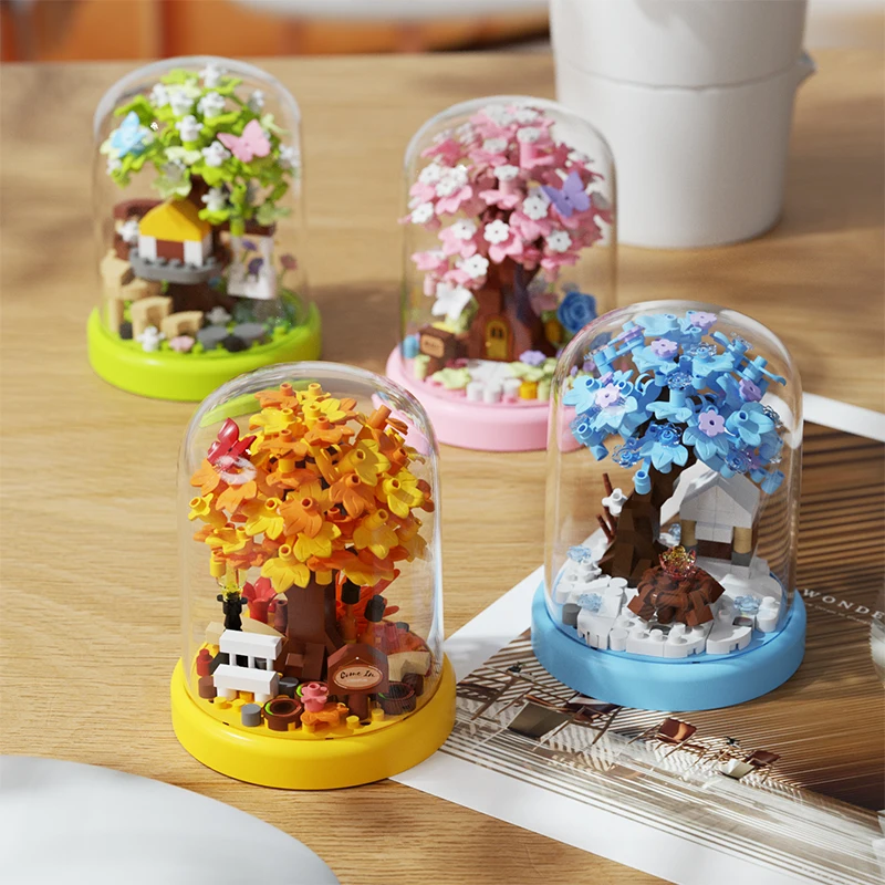 Mini Four season Tree House Building Block with Display Box Model Micro Building Block Blossom Brick Toy for Desk Decor Gift