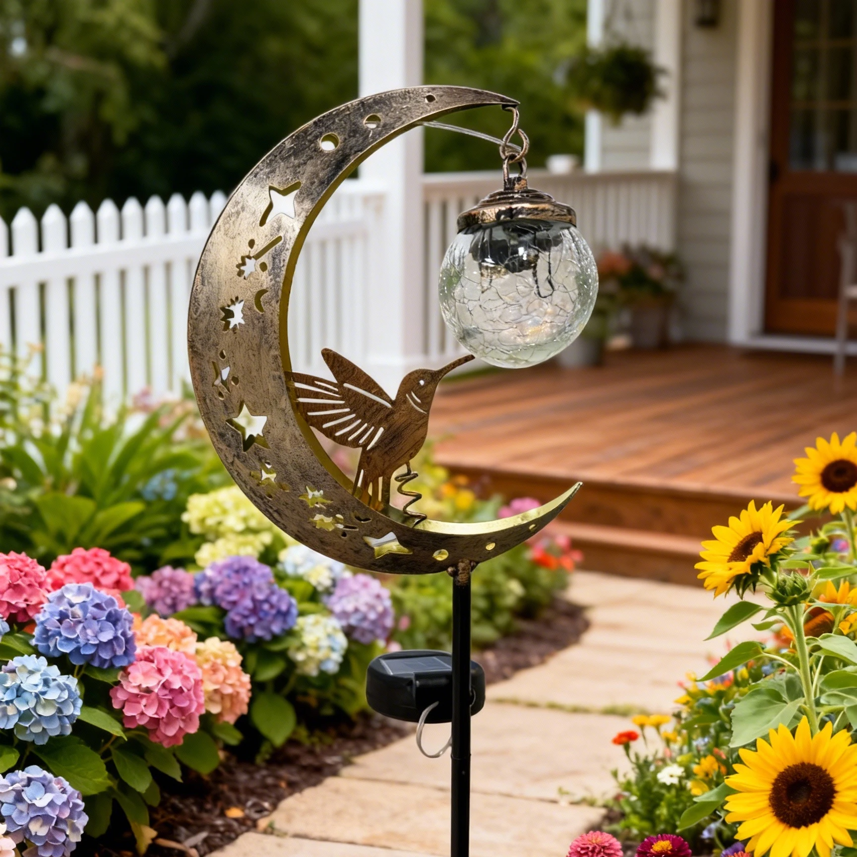 Solar-powered Moon-shaped Ground Light with Hummingbird and Glass Ball Decorations, Suitable for Outdoor Patio Decoration and Ho