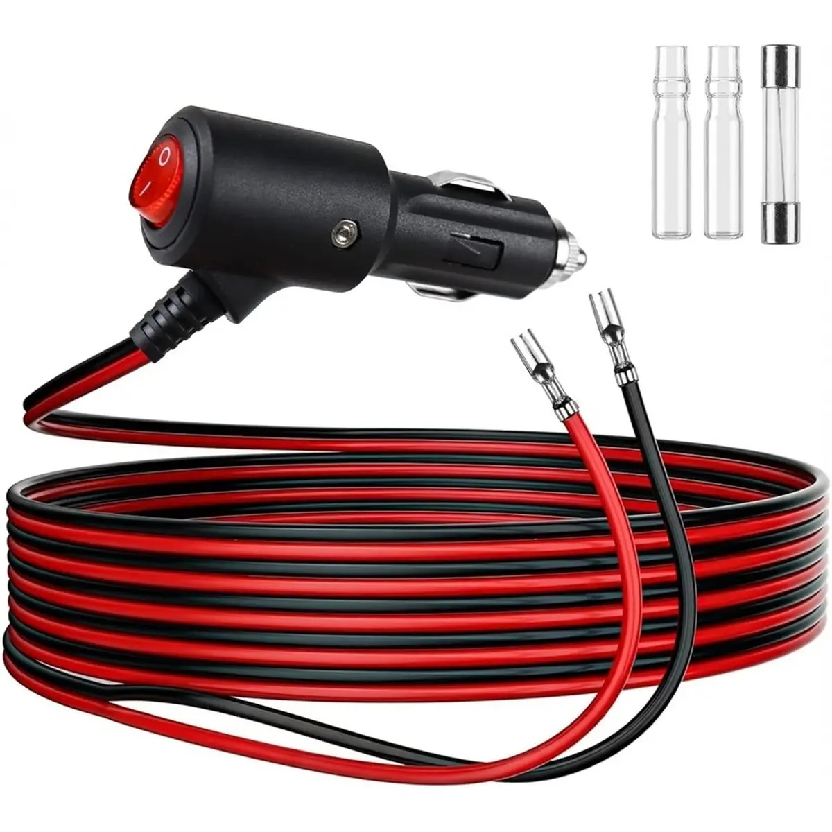 AA83  Lighter Plug with Switch 2m - 12V/24V Extension Cable 16AWG Copper with LED & 15A Fuse, Car Adapter