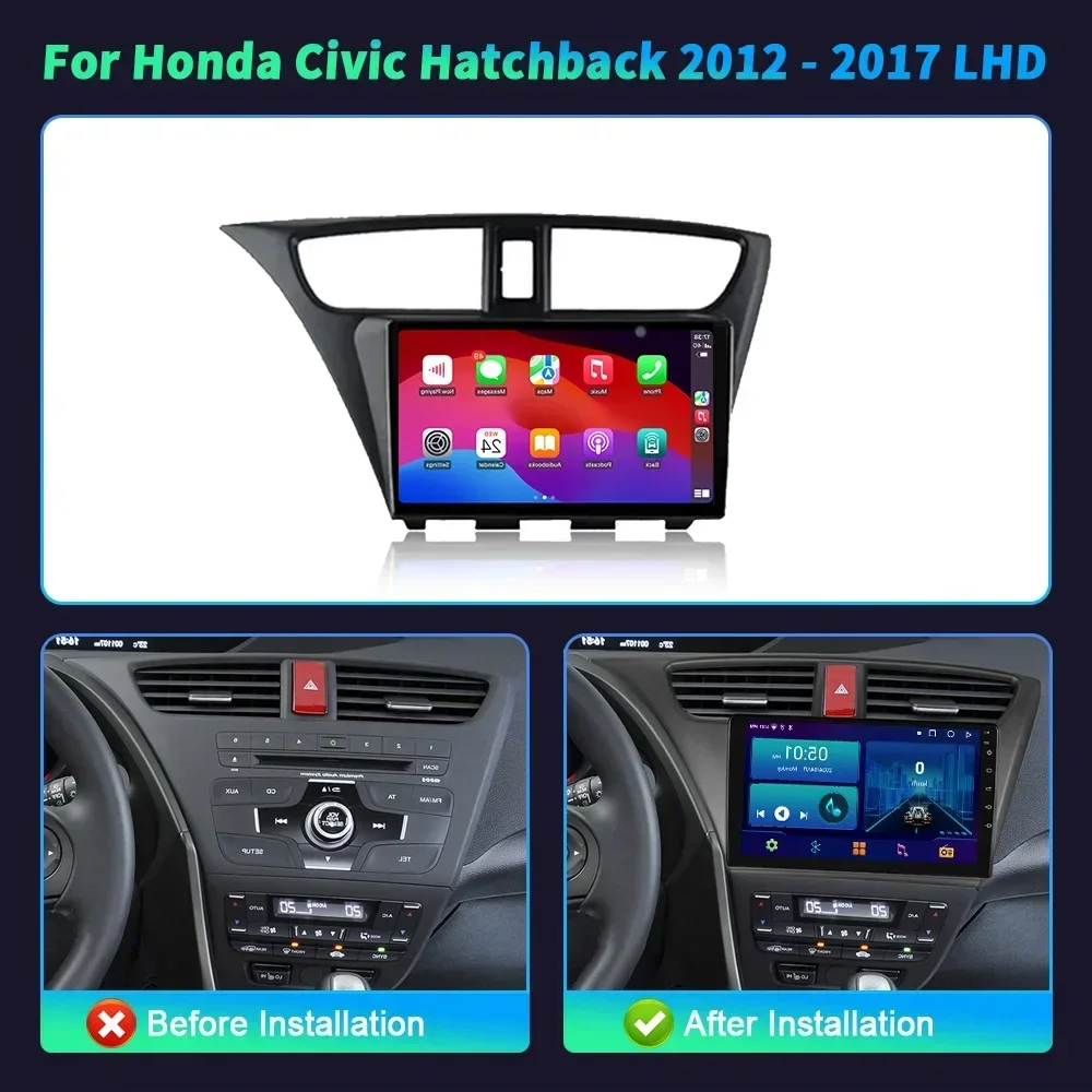 For Honda Civic 9 FK FB 2012-2017 LHD Android 14 Car Radio Multimedia 4G GPS Navigation Wireless Bluetoot CarPlay Screen Stereo