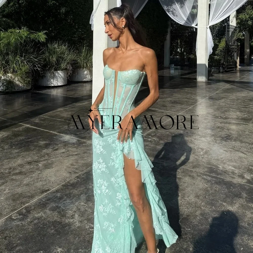 Vestidos de Noche sexis de sirena, vestidos de fiesta con volantes y abertura lateral de encaje verde, vestidos de fiesta personalizados