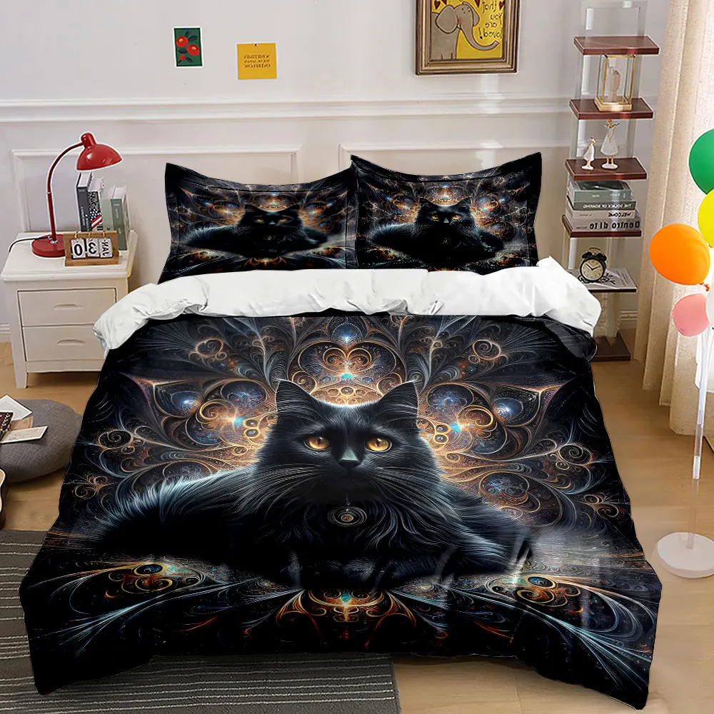 Black cat in ornate art setting Printed Duvet Cover Set 1 Duvet Cover+2 Pillowcase Multi Size Bedroom Bedding Decor