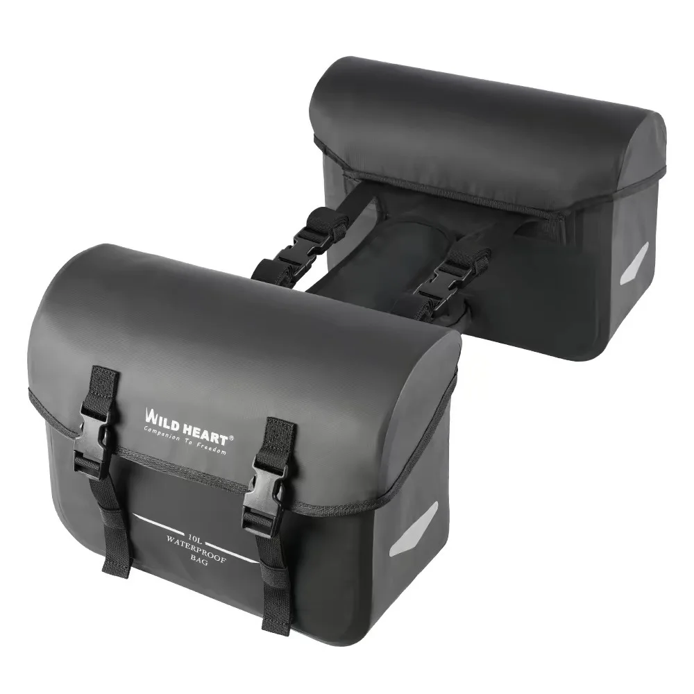 Motorcycle Waterproof Double Pannier Saddlebag 10L Plus 10L PVC Saddle Bags with Reflective Strips and Connection Plate for