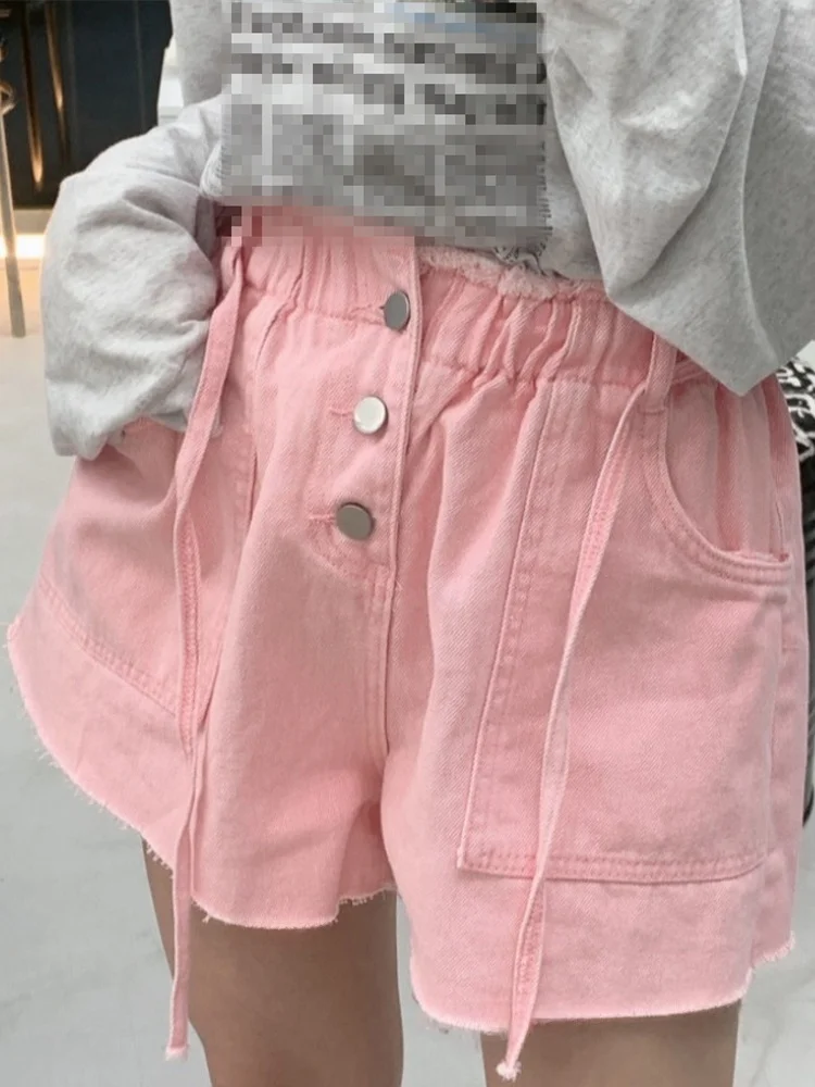 

Korean Style High Waist Short Jeans Women's Summer New Pink Honey Peach Buckle Adjustable Rope Tie Hot Pants Trendy Shorts