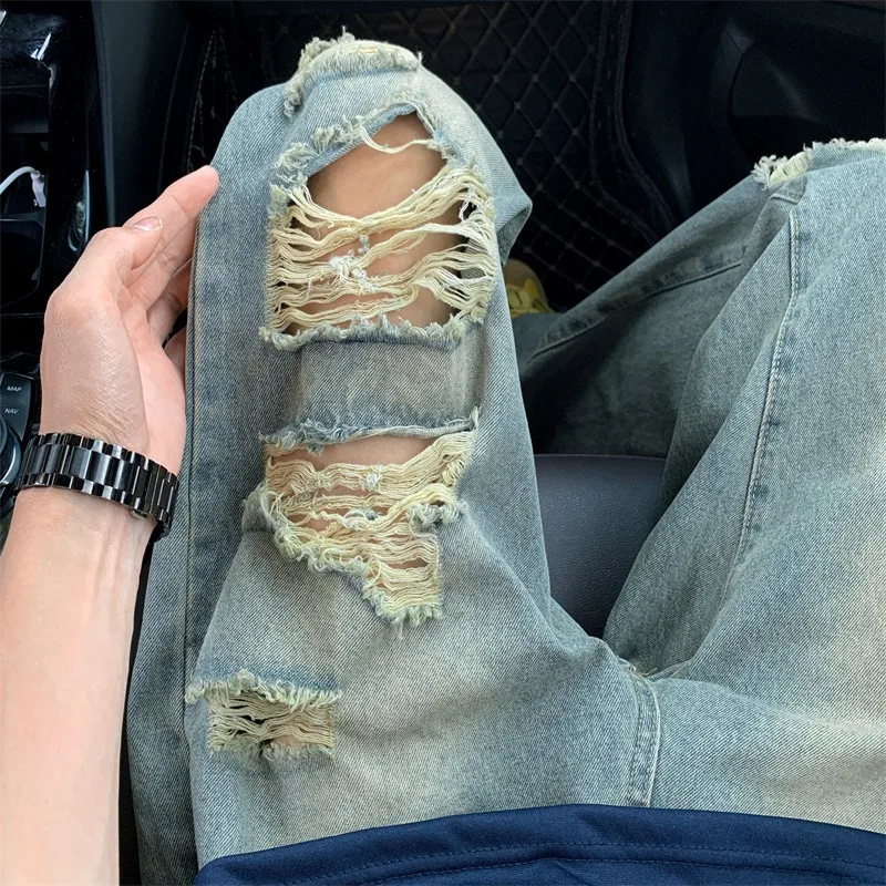 

Дымчато-серые рваные джинсы, мужские летние тонкие свободные прямые брюки, модные повседневные брюки American Wasteland