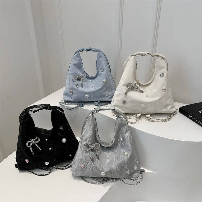 2026 New Silver Hobo Bag Women Bow Pearl Diamond Decor Chain Shoulder Bag Casual Large Capacity Commuter Tote