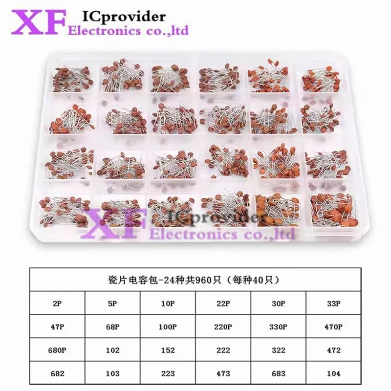 960pcs 24Values*40pcs Ceramic Capacitor Assortment Kit 50V 2pF - 0.1uF Capacitance Set DIY Pack