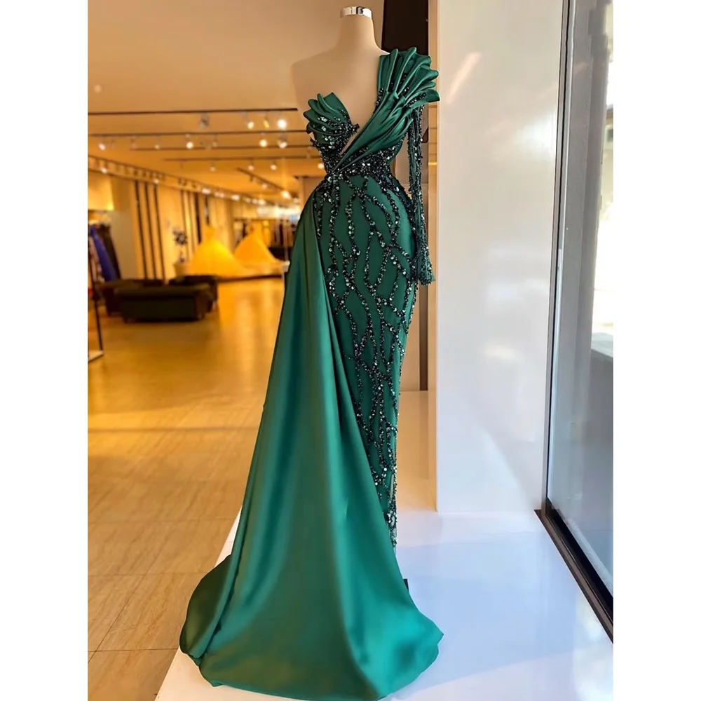 Emerald Green Mermaid Evening Dresses One Shoulder Sequined Party Dresses Ruffles Glitter Celebrity Custom Made Prom Gowns