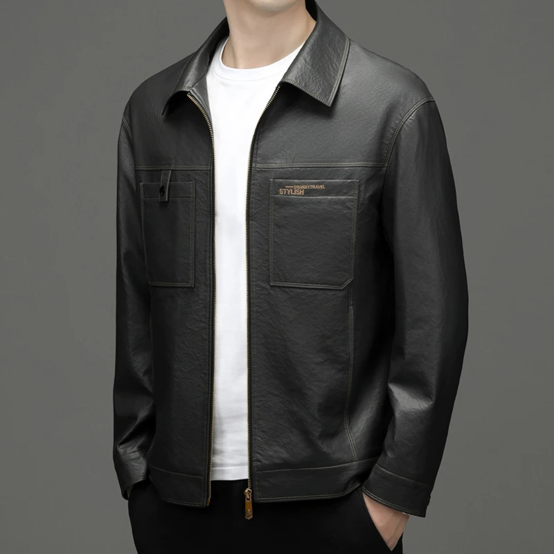 Men\'s Leather Coat Cargo Pocket Lapel Business Casual 2023 Autumn New Leather Jacket Coat